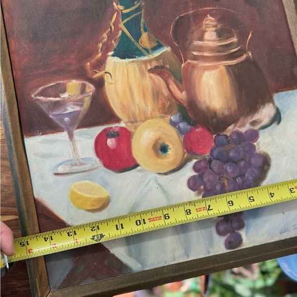Vintage 1989 Still Life Painting Fruit and Italian Wine Decanter & Kettle - Picture 10 of 13